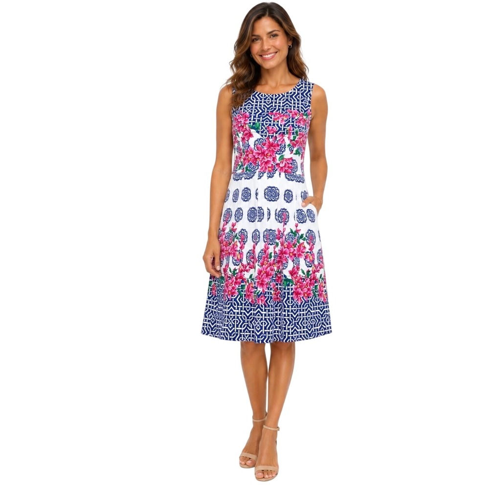 Talbots Petite Floral Geometric Fit & Flare Dress Blue White Pink Size 6P